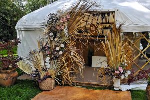 bohemian wedding flowers on 22ft yurt
