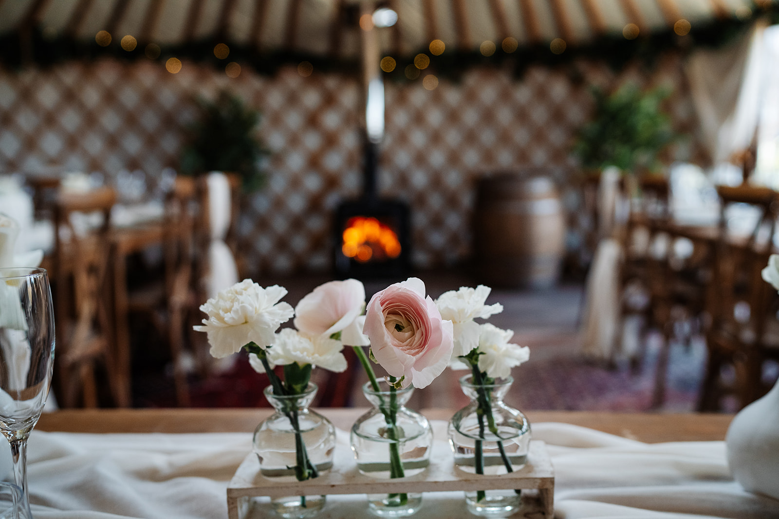 flowers on rustic table, event yurt
